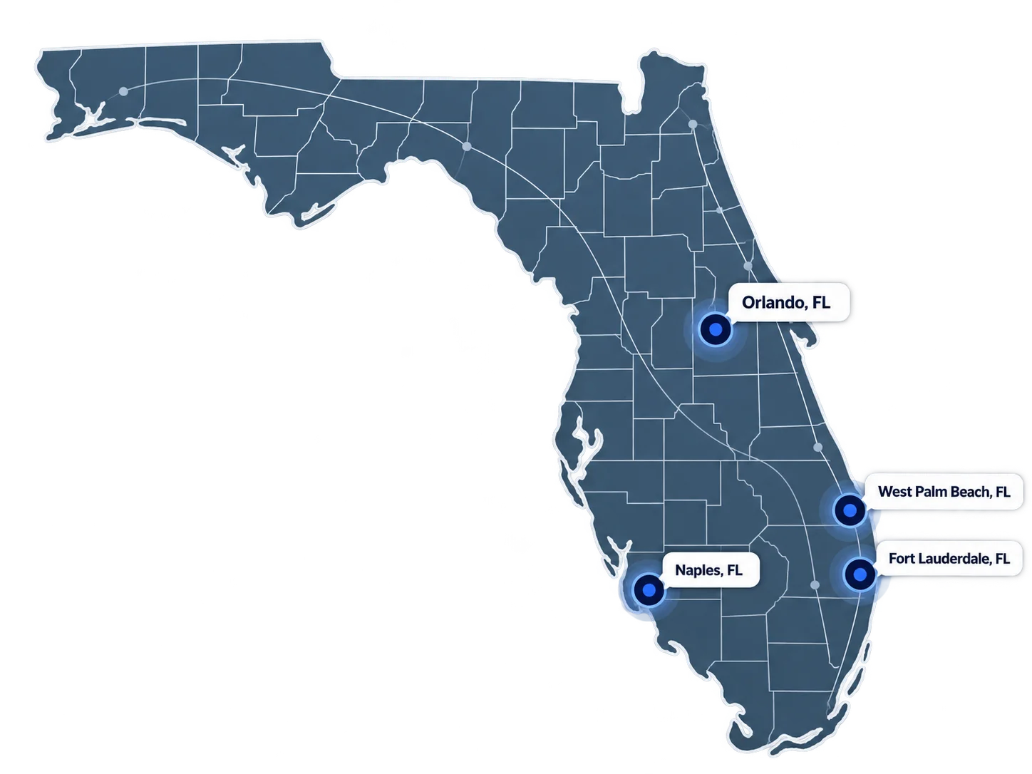 Map of Florida marking Weinstein Legal Team offices in Fort Lauderdale, West Palm Beach, Orlando and Naples