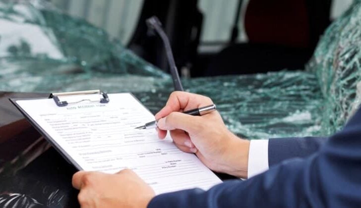 Man filling out an accident report after a car crash