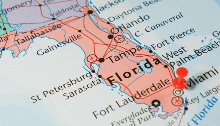 Map of Florida state with pin marking where out of state accident occurred