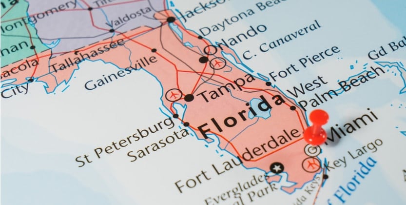 Map of Florida state with pin marking where out of state accident occurred