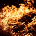 Burning grass in the field, close up