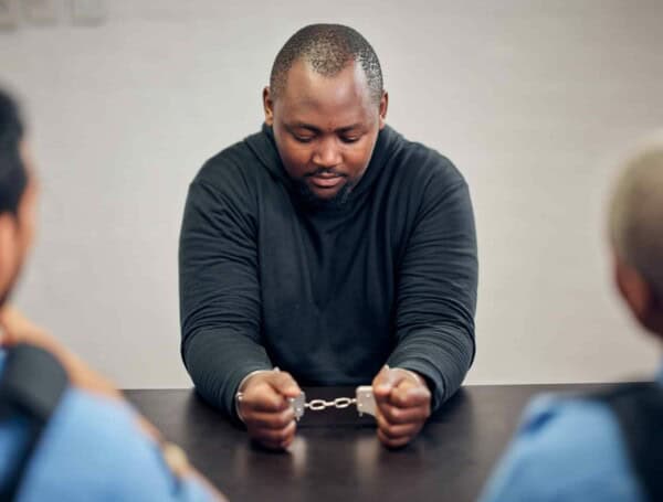 interview detective and suspect for crime in handcuffs for information about robbery at station a e1697447865387 600x455