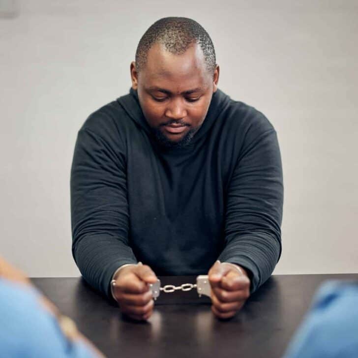 Interview, detective and suspect for crime in handcuffs for information about robbery at station. A