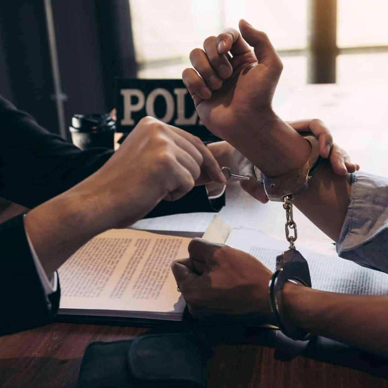 Police arrested the suspect and handcuffed him to acknowledge the allegation of the crime.