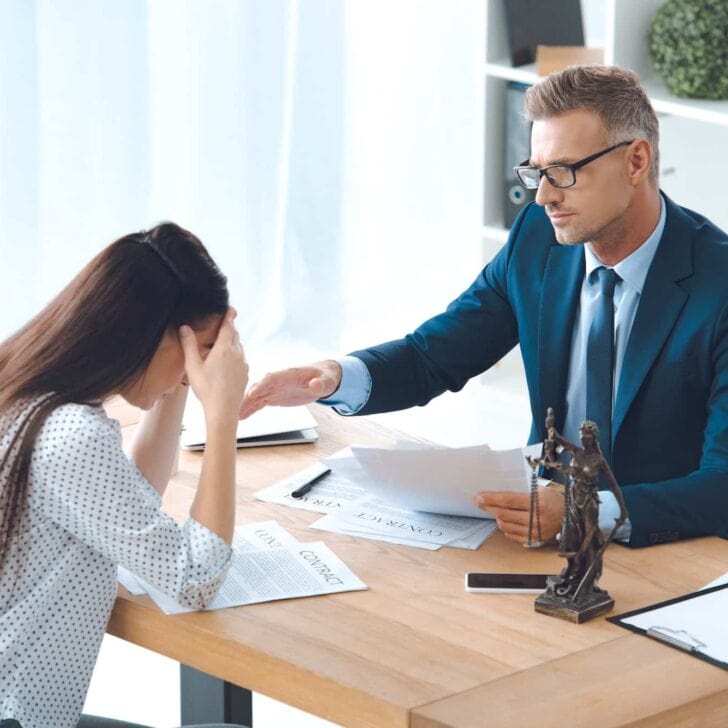 lawyer working with upset female client in office