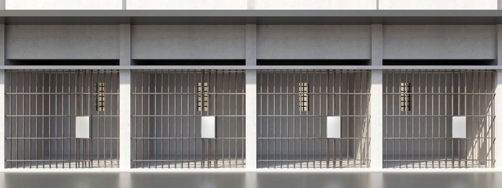 Prison cellblock, jail bar door locked, empty dungeon in a row, front view. Jailhouse. 3d render