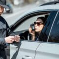 Policeman checking woman driver for alcohol intoxication