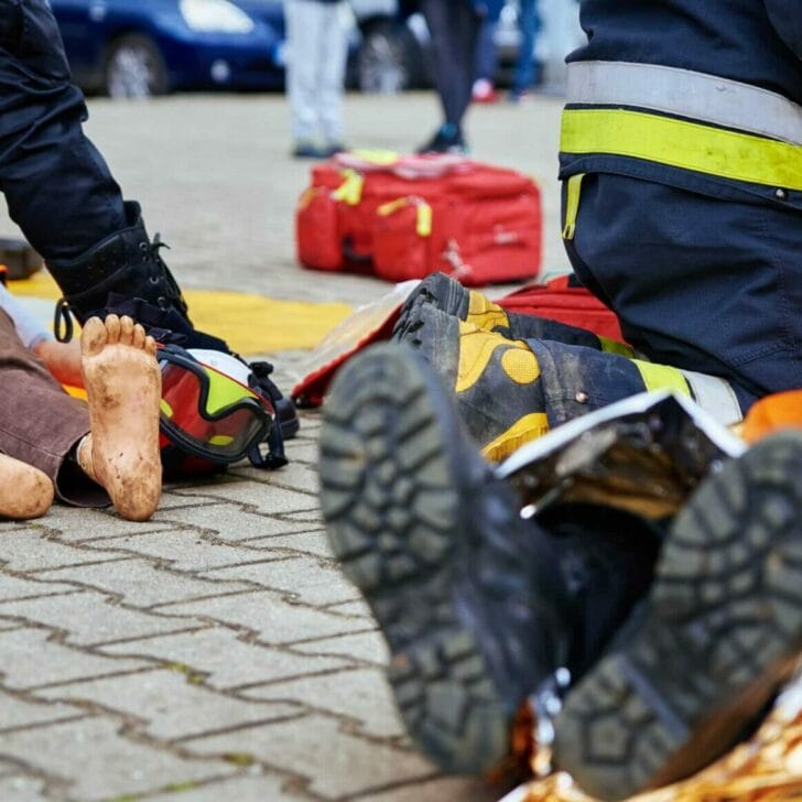 Rescuers provide first aid to the victim during car road accident