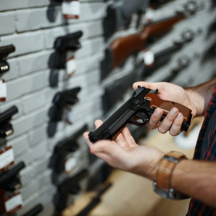 Man holds handgun in gun shop