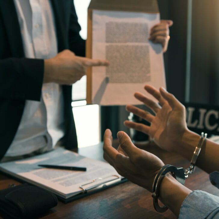 The police officer pointed to the document requesting the arrest of the accused and handcuffed.