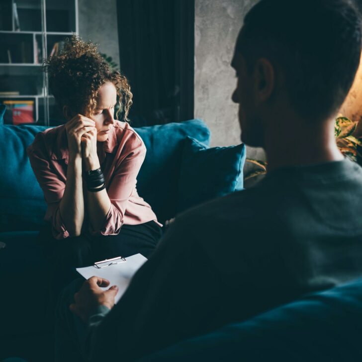 woman in pink blouse gets emotional support from professional psychologist sitting on sofa