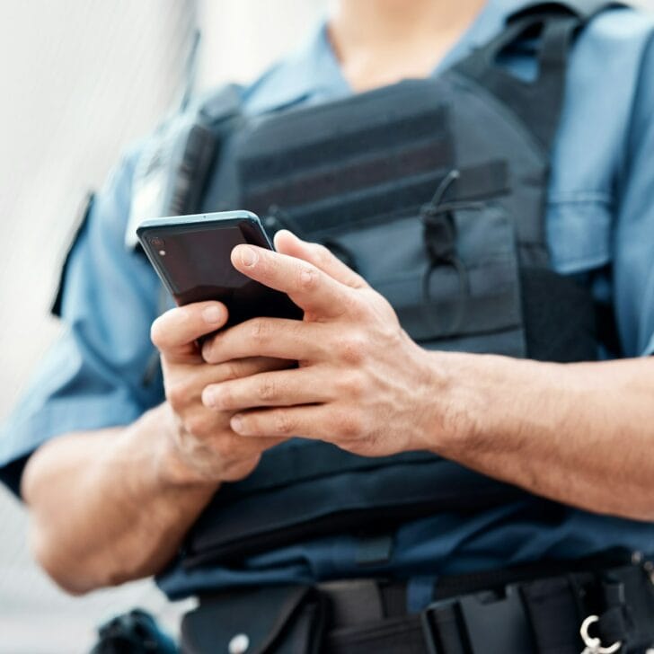Man, police and hands with phone for networking, communication or social media in the city. Closeup