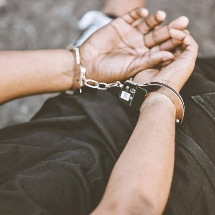 Arrest, justice and thief in handcuffs for fraud, violence and burglary after a suspected house rob