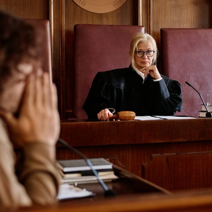 Serious blond impartial judge in eyeglasses and mantle looking at suspect