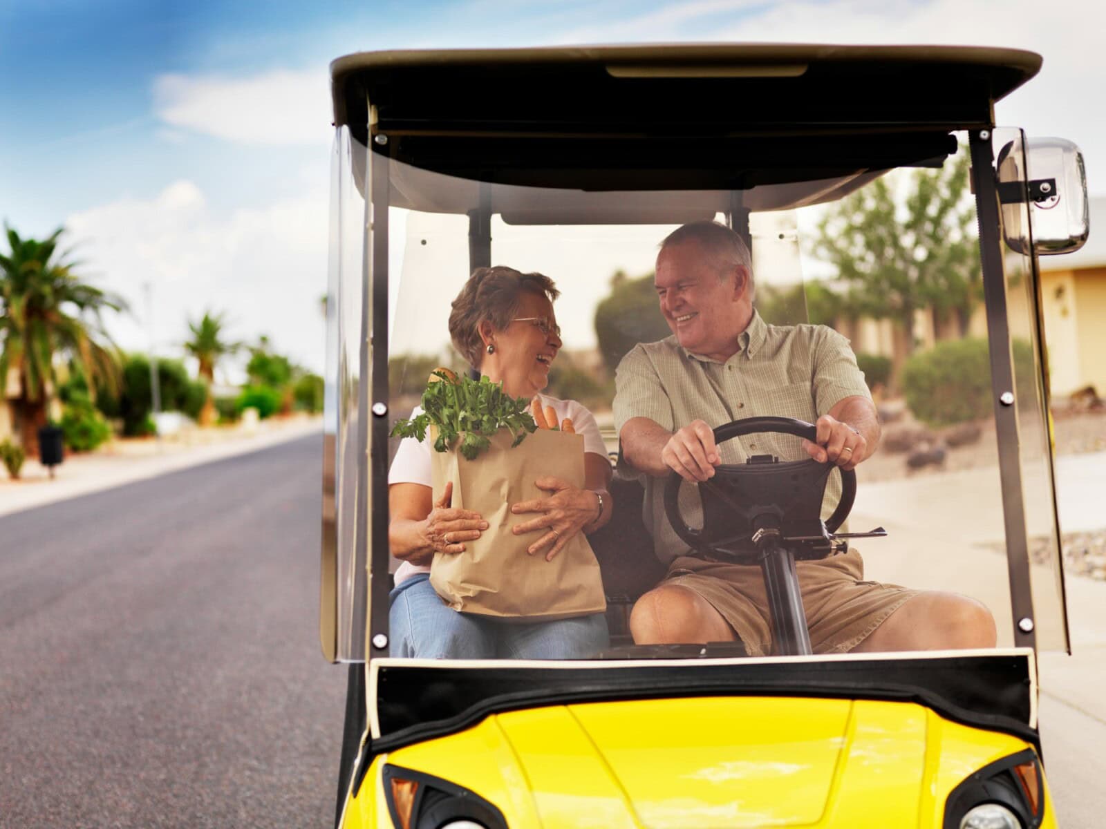 active elderly senior couple getting groceries on golf cart