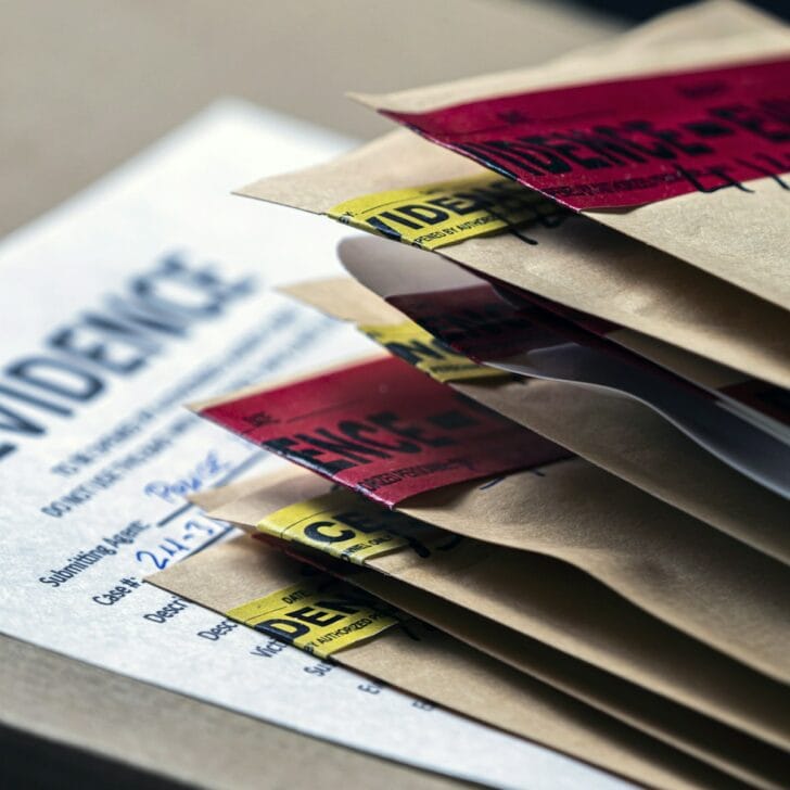 Files and evidence bag in a crime lab, conceptual image