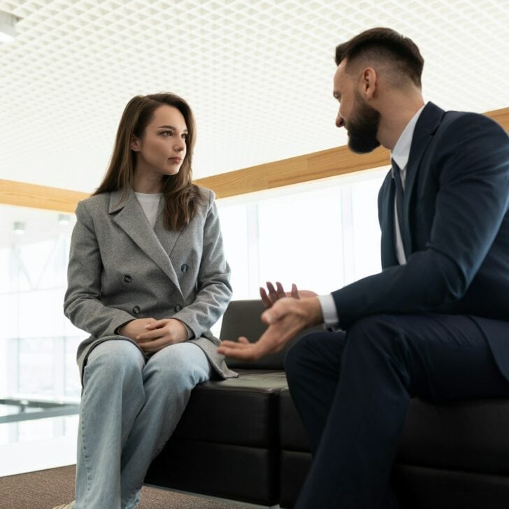 a lawyer communicates with his client before starting a court case