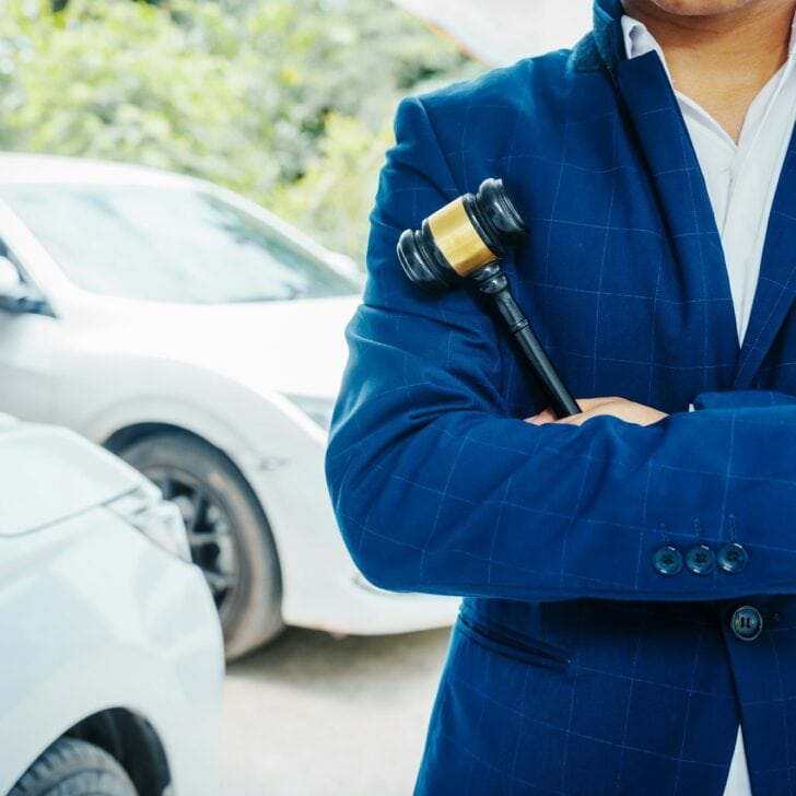 businessman in a suit and a lawyer, holding a wooden gavel, stand in front of a car