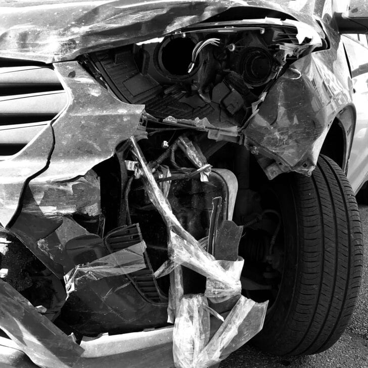 Car that broke down after accident. Car crash, after accident on road. Disposal or repair of auto