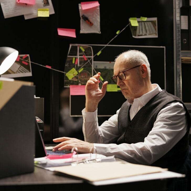 Elderly private investigator analyzing federal documents