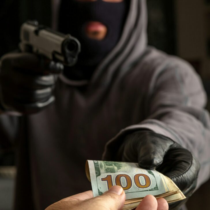 Gloved hand holding a pistol stealing money, closeup view. Armed robbery concept