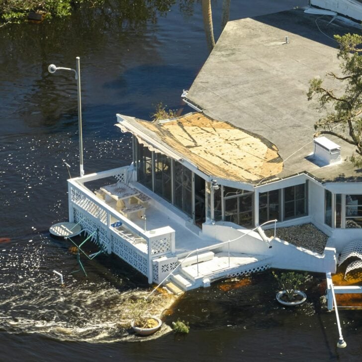 Hurricane Ian flooded houses in Florida residential area. Natural disaster and its consequences