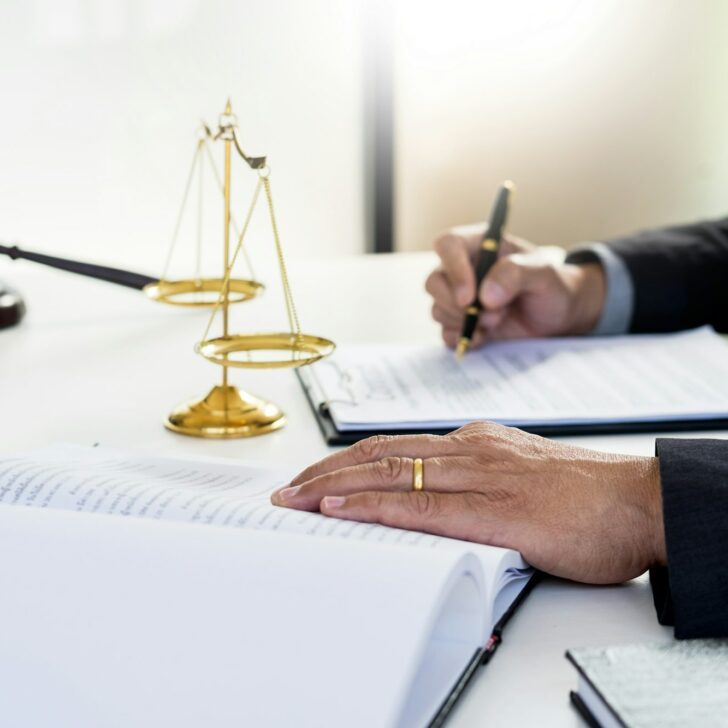 lawyer judge reading and writes the document in court at his desk.