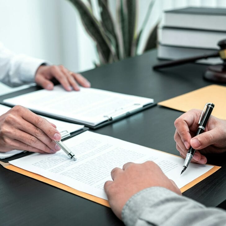 Male lawyer discussing negotiation legal case with client meeting with document contact in courtroom