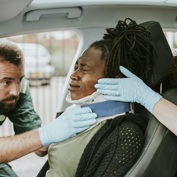 Paramedic placing a cervical collar to an injured woman from car accident