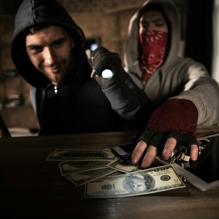 Two robbers stealing money and valuables, house robbery scene