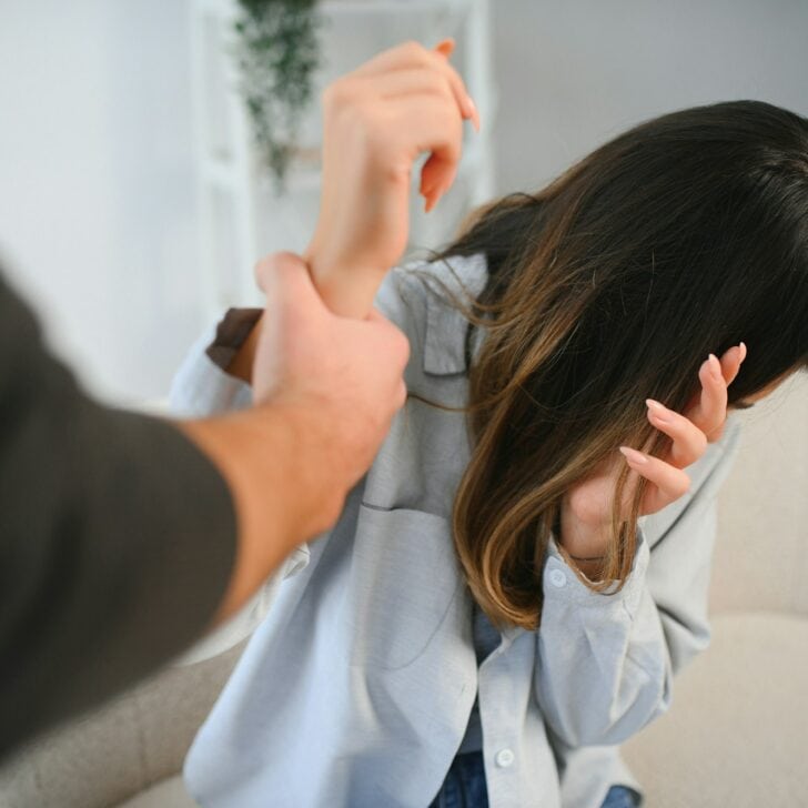 Angry husband beats his wife, domestic violence