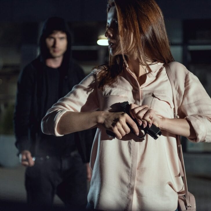 woman with gun near thief at night
