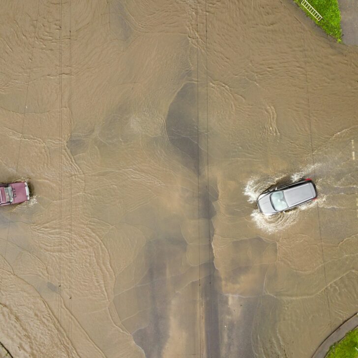 Aerial view of traffic cars driving on flooded road with rain water