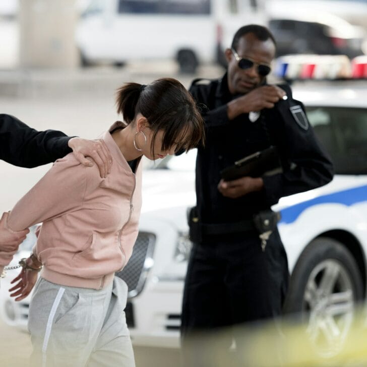 policewoman holding arrested young woman while her partner talking on portable radio