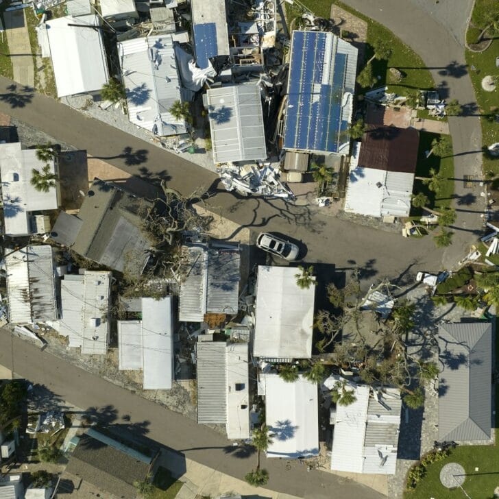 Property damage from strong hurricane winds. Mobile homes in Florida residential area
