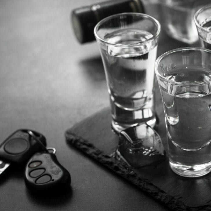 Vodka shot drink and car key.