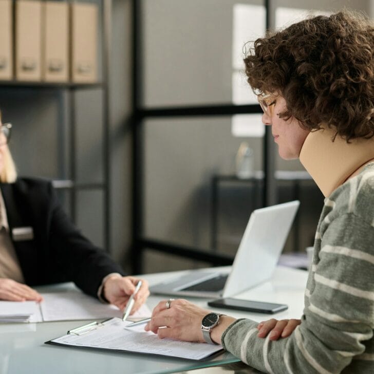 Young woman with neck injury filling documents