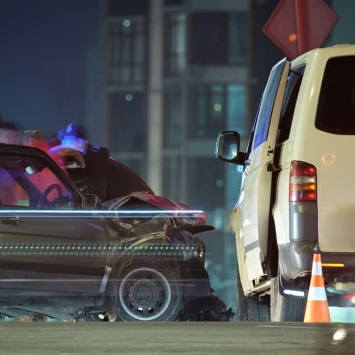 Damaged in heavy car accident vehicles after collision on city street crash site and silhouette of