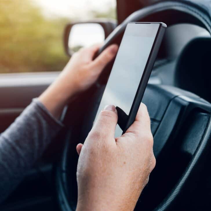 Woman driving and texting on mobile smartphone