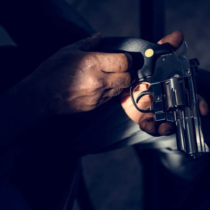 Hands holding the gun