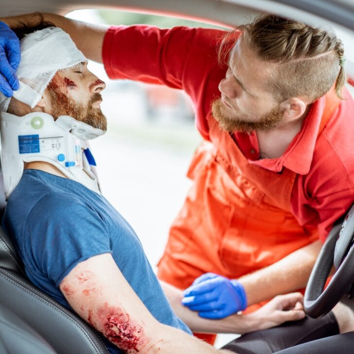 Medic providing emergency medical assistance after the road accident