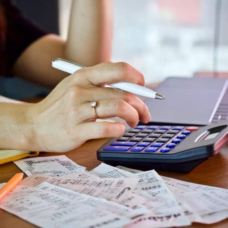 woman holding bill using calculator and calculate cost bill and payment