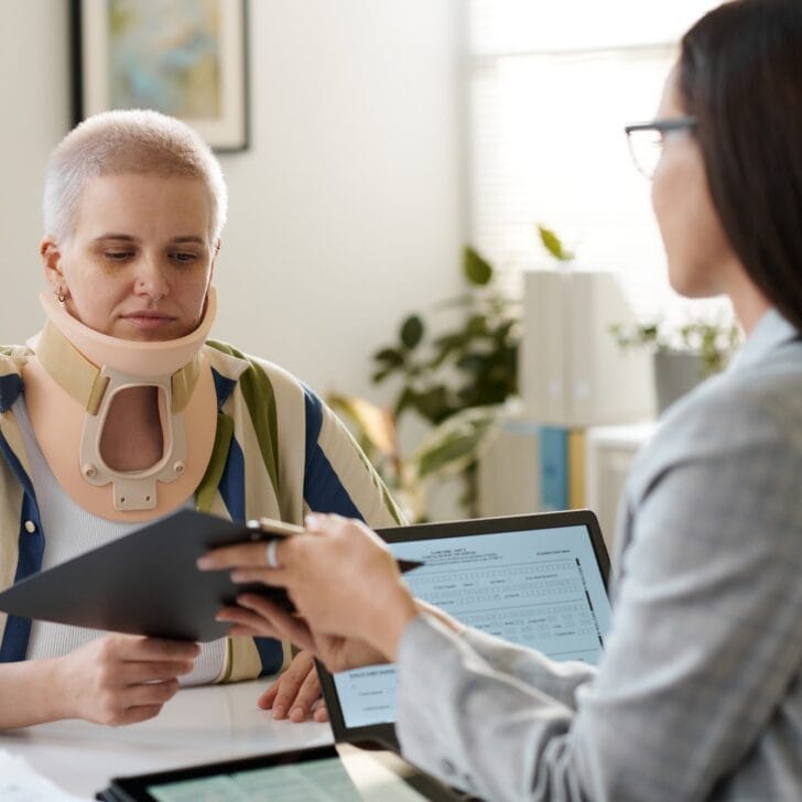 Woman with injury examining contract