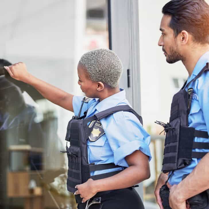 Crime, patrol and police knocking on a door for justice, security and law at a home. Together, team
