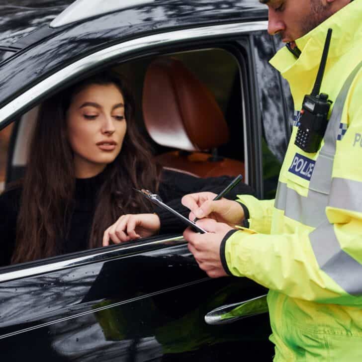 Male police officer in green uniform checking vehicle on the road
