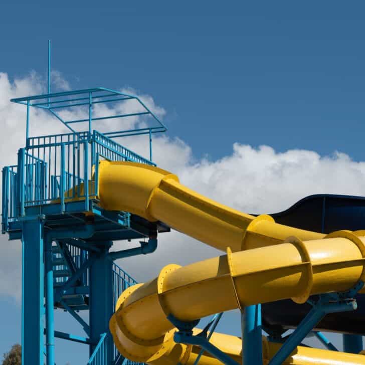 Empty water Park twisted water slide amusement resort for children and family vacations on a