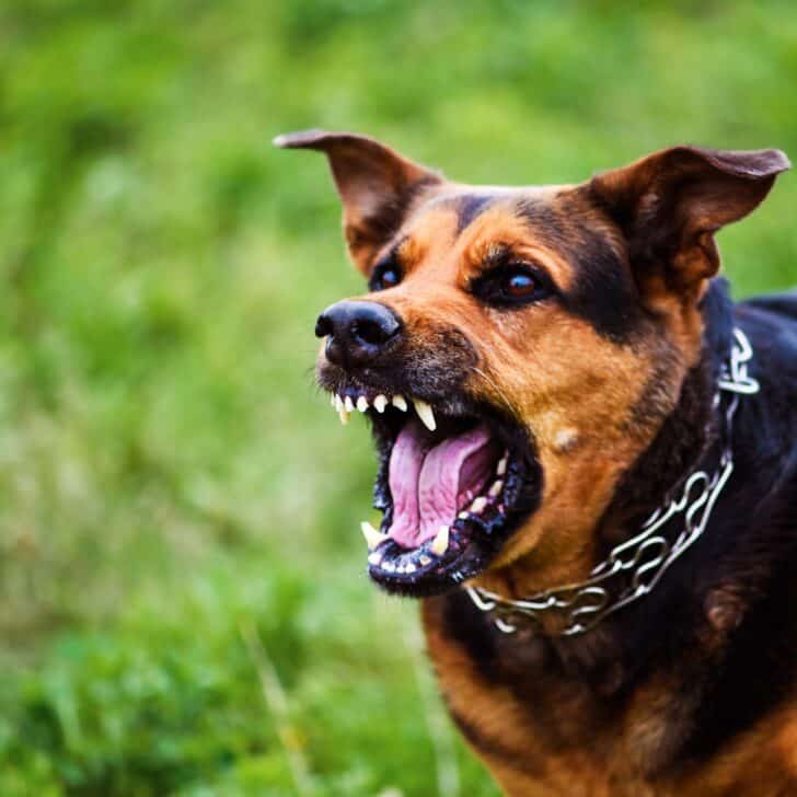 Angry dog attacks. The dog looks aggressive and dangerous.