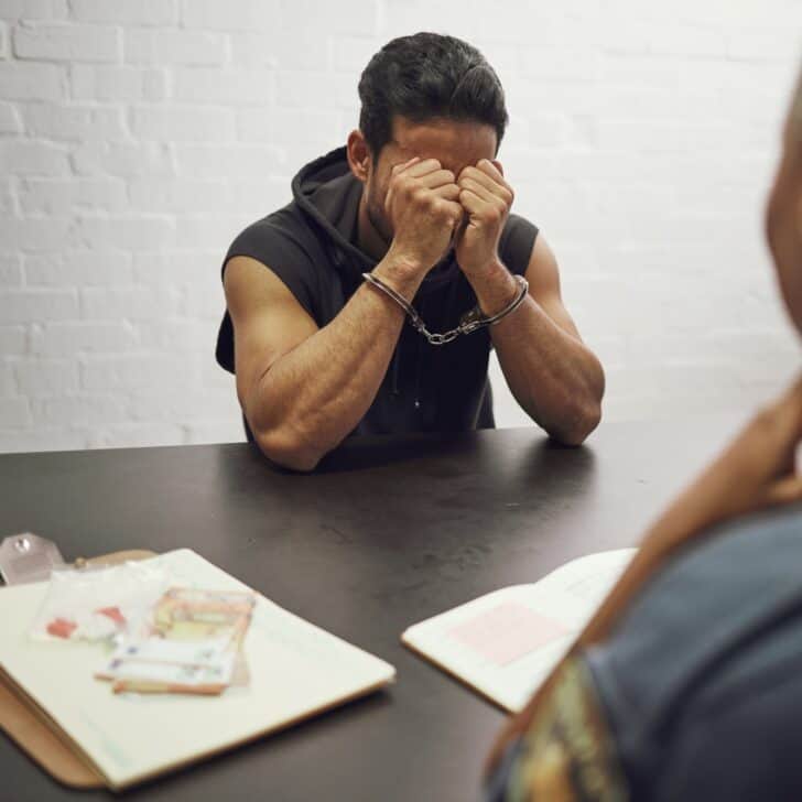 Man, criminal and police interrogation for drugs, crime or money laundering in fear of arrest. Sad