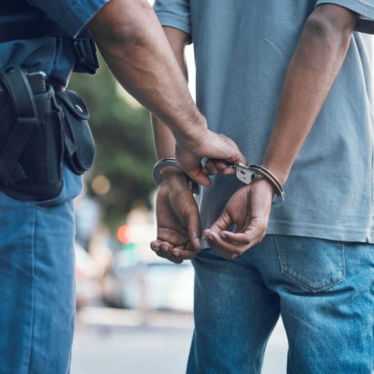 Handcuffs, police and hands of police man with criminal in city for justice, crime or corruption. I