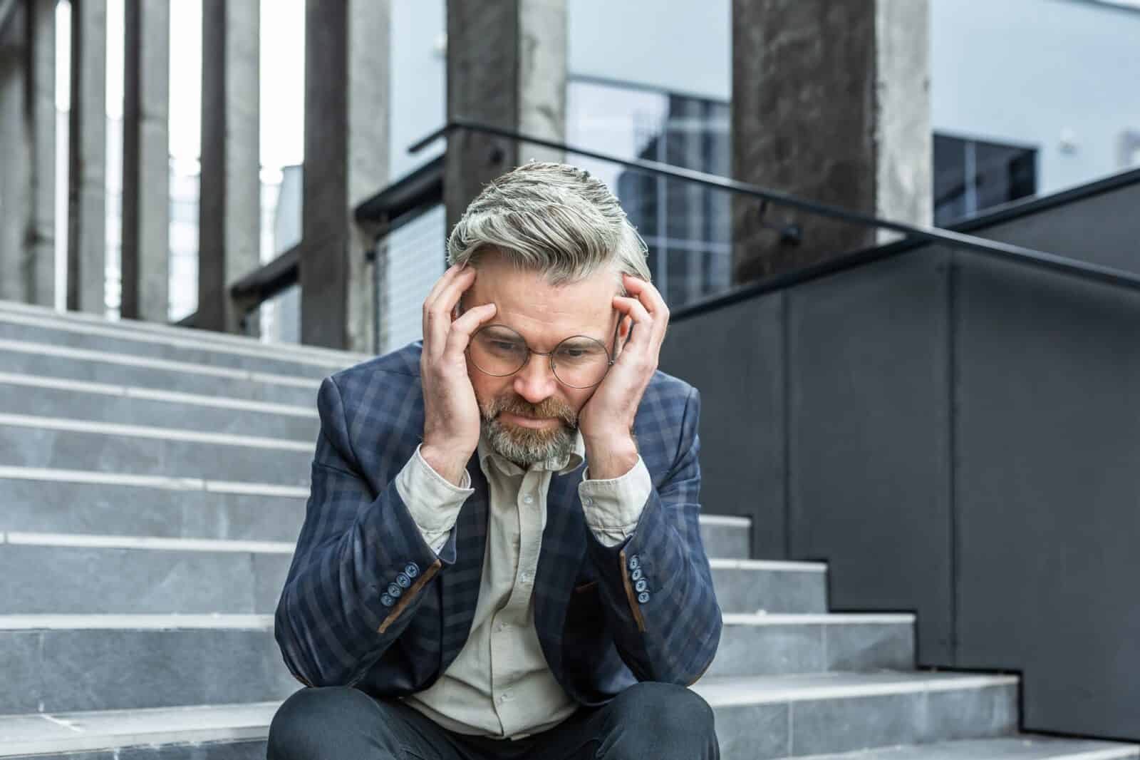 A man in a suit sits outside the courthouse on the steps and looks down, holding his head in his